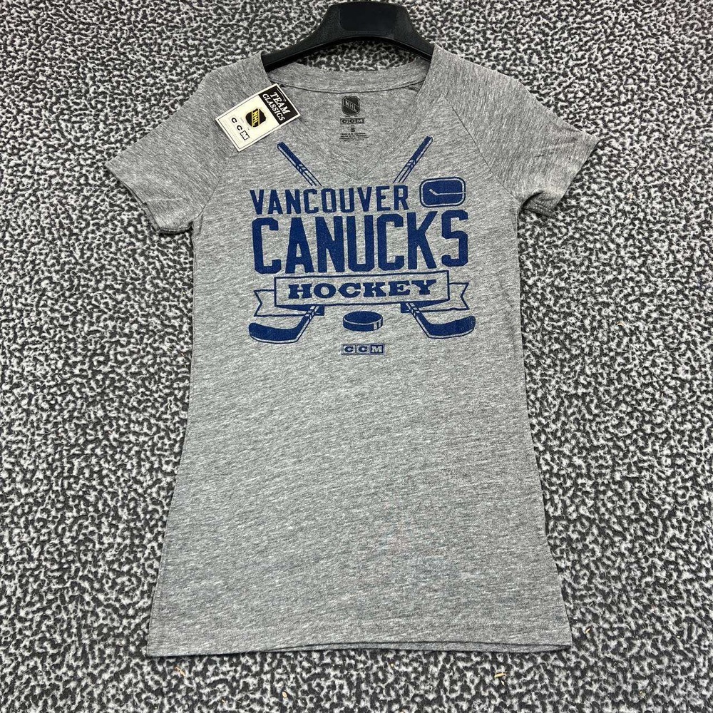Vancouver Canucks Shirt Women Small Gray CCM NHL Short Sleeve V-Neck New S